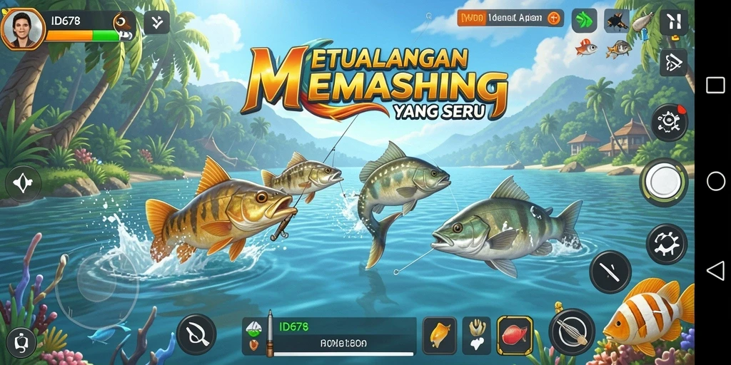 Gameplay ID678 dengan aksi memancing yang mendebarkan dan pemandangan indah.